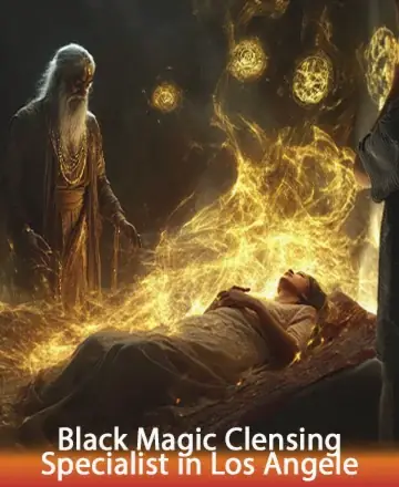 In this serene image, a wise elder envelops a resting soul with a gentle aura of golden light, radiating warmth and protection. The atmosphere exudes tranquility and healing, offering a sanctuary of peace and spiritual renewal. Black magic cleansing in Los Angeles.
