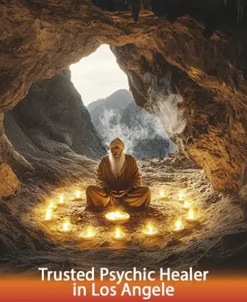 In the heart of a serene cave, a wise figure sits peacefully surrounded by the gentle glow of candlelight. The tranquil setting invites a sense of deep inner calm and reflection. Trusted psychic healer in Los Angeles.