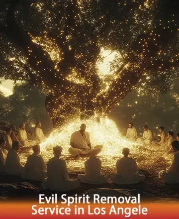 A group of people sits in a circle beneath a large, glowing tree at dawn, bathed in warm, golden light and surrounded by sparkles. The atmosphere is serene and mystical.