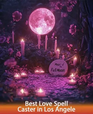 A mystical scene with a glowing pink full moon, surrounded by lit candles and pink flowers in a forest setting. A stone reads 