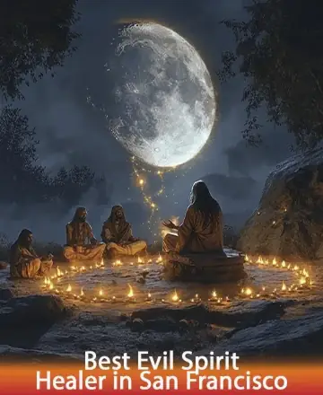 A mystical scene depicting a group of individuals sitting in a circle surrounded by candles at night in a forested area. The moon is full and creates a magical atmosphere, casting a gentle glow on the gathering. Text overlay at the bottom of the image reads, 