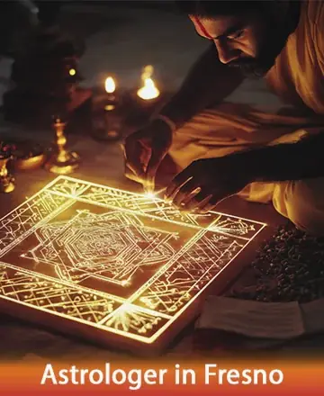 In a softly lit room, a serene figure tends to a glowing, intricate design, creating an atmosphere of tranquility and deep spiritual connection. The gentle flicker of candlelight adds warmth, inviting a sense of peace and introspection. Astrologer in Fresno.