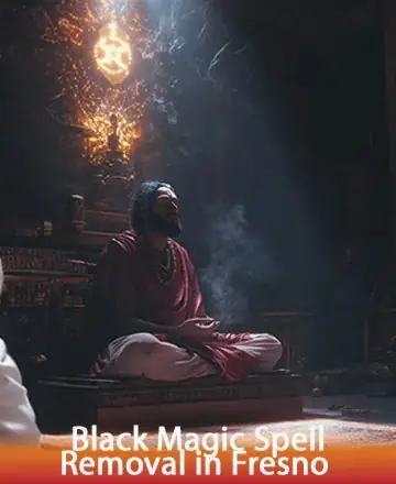 In this serene image, a gentle figure sits in quiet meditation, enveloped by a soothing glow and the soft tendrils of incense smoke. The atmosphere radiates tranquility and wisdom, inviting a sense of calm and spiritual solace. Black magic spell removal in Fresno.