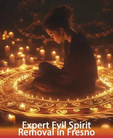 In a serene embrace of flickering candlelight, a young woman sits, surrounded by glowing patterns that weave a tapestry of tranquility and protection. The ambiance speaks of ancient wisdom and a gentle path to peace. Expert evil spirit removal in Fresno.