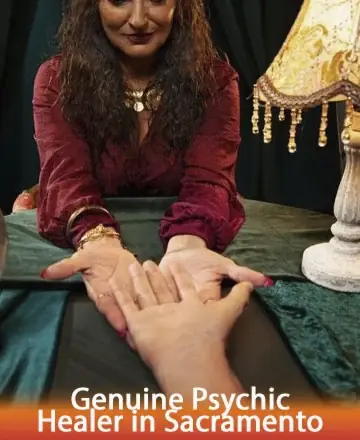 In a serene setting, a wise and gentle soul extends her hands in a gesture of understanding and support. The soft glow of a nearby lamp adds warmth, inviting you into a space of comfort and trust. Genuine psychic healer in Sacramento.