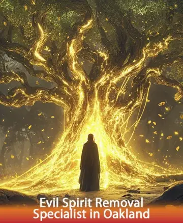 In the serene embrace of a mystical, glowing tree, a solitary figure stands, radiating warmth and tranquility. The golden light dances softly, symbolizing protection and peace, guiding the way to inner harmony and renewal. Evil spirit removal specialist in Oakland.
