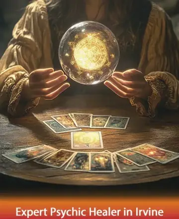 In a serene setting bathed in soft, golden light, gentle hands cradle a glowing crystal ball, surrounded by tarot cards that whisper ancient wisdom. This peaceful scene invites you to explore the mysteries of the heart and spirit. Expert psychic healer in Irvine.