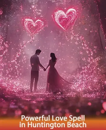 In a serene, enchanting forest bathed in soft pink hues, two souls stand hand in hand, surrounded by a magical glow. Heart-shaped lights dance above, symbolizing love's pure connection and warmth. Embrace the serenity and profound connection of a love spell in Huntington Beach.