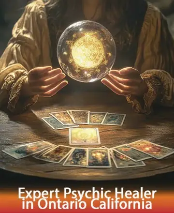 In a serene and mystical setting, gentle hands cradle a glowing orb, casting a warm light over beautifully arranged tarot cards. This scene invites calm introspection and a deep sense of peace, offering guidance and clarity. Psychic healer in Ontario California.