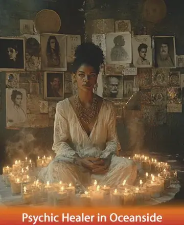 In the gentle glow of candlelight, a serene figure sits in peaceful meditation, surrounded by an aura of calm and ancient wisdom. The warm ambiance invites a sense of trust and inner peace, guiding you towards clarity and healing. Psychic healer in Oceanside.