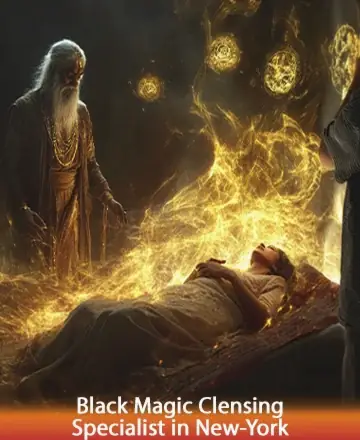 In a serene sanctuary illuminated by golden light, a wise elder gently guides healing energies around a resting soul. The scene exudes warmth and tranquility, offering a sense of deep peace and spiritual renewal. Black magic cleansing specialist in New York.