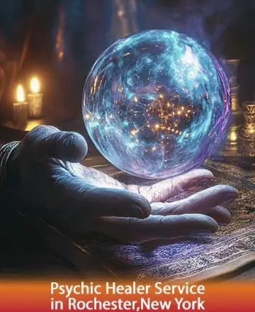 In the gentle embrace of a mystical glow, a serene hand cradles a crystal sphere, reflecting the universe's whispers. The soft, flickering candlelight adds warmth and tranquility, inviting you to a space of healing and understanding. Psychic healer service in Rochester, New York.