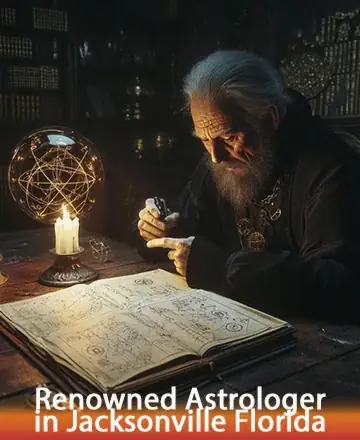 In the gentle glow of candlelight, a wise and serene figure contemplates ancient texts, surrounded by the warm embrace of timeless wisdom and the mystical dance of celestial orbs. This is a sanctuary of understanding and peace. Astrology guidance in Jacksonville Florida.