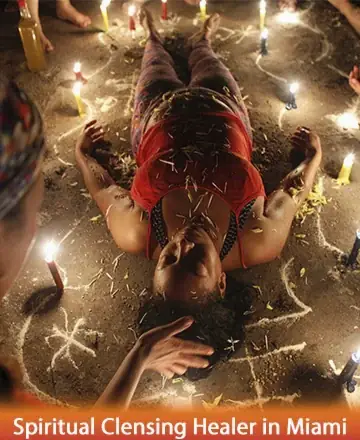In a tranquil circle of light, surrounded by the gentle glow of candles, a serene soul finds peace. Resting upon sacred symbols, the atmosphere breathes calm and renewal. It's a moment of deep connection and healing energy. Spiritual cleansing healer in Miami.