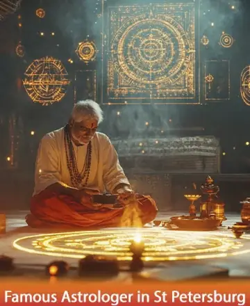 In a serene sanctuary filled with gentle light and ancient wisdom, a wise elder sits peacefully amidst sacred symbols, embodying tranquility and deep insight. The atmosphere is one of calm reflection and spiritual connection, inviting you to explore your destiny. Famous astrologer in St Petersburg.
