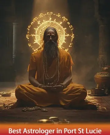 In the serene glow of golden light, a wise sage sits in quiet meditation, surrounded by an aura of peace and tranquility. His presence exudes a comforting warmth, inviting you to find solace and clarity within. Best astrologer in Port St Lucie.