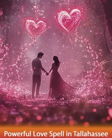 In a magical woodland shrouded in enchanting pink light, two souls stand united, their hands intertwined, surrounded by shimmering heart-shaped auras. This serene moment speaks of deep connection and harmony, inviting warmth and love into their lives. Powerful love spell in Tallahassee.
