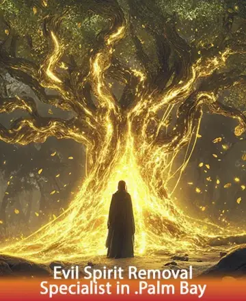 A cloaked figure stands before a large tree with glowing, swirling golden lights. Leaves float around, creating a mystical atmosphere. Text reads 
