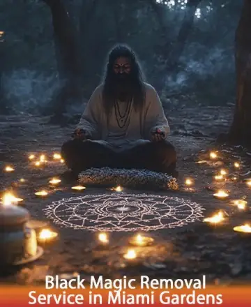 In a tranquil forest setting, a wise figure meditates amidst a gentle glow of candlelight, encircled by sacred patterns in the earth. The atmosphere is serene and healing, inviting a deep sense of peace and spiritual clarity. Black magic removal in Miami Gardens.