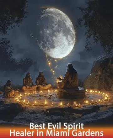 Under a luminous moonlit sky, a serene gathering unfolds around a circle of glowing candles. The peaceful exchange between the group evokes a sense of ancient wisdom and gentle support, creating an aura of calm and trust. Spiritual guidance in Miami Gardens.
