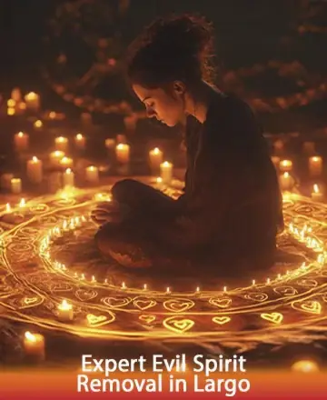 In a serene glow of gentle candlelight, a young woman finds solace within a sacred circle, embodying a quiet strength and inner peace. This tranquil scene invites you to embrace healing and transformation with guidance and compassion. Expert evil spirit removal in Largo.