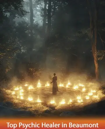 In the heart of a tranquil forest, gentle flames encircle a figure, casting a warm glow that dances among the trees. This serene moment invites you to embrace calmness and find solace within. Experience the profound peace and guidance of Master Vijay Ram. Top psychic healer in Beaumont.