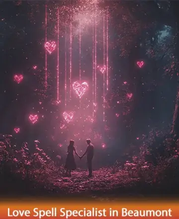 In a serene forest bathed in ethereal pink light, two figures stand hand in hand, surrounded by floating hearts that softly illuminate their path. This enchanting scene whispers of connection and gentle guidance, nurturing the soul's journey. Love spell specialist in Beaumont.