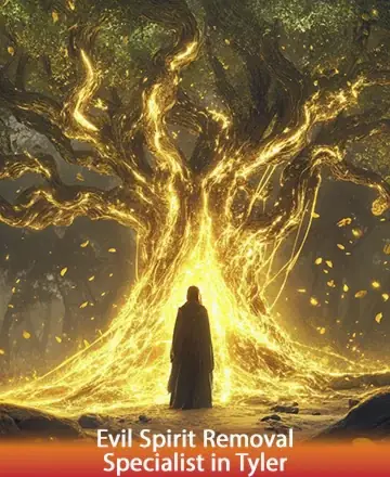 In the serene embrace of nature's golden glow, a figure stands before a majestic, light-filled tree, symbolizing wisdom and transformation. The scene radiates warmth and tranquility, offering a sanctuary for the soul. Evil spirit removal specialist in Tyler.