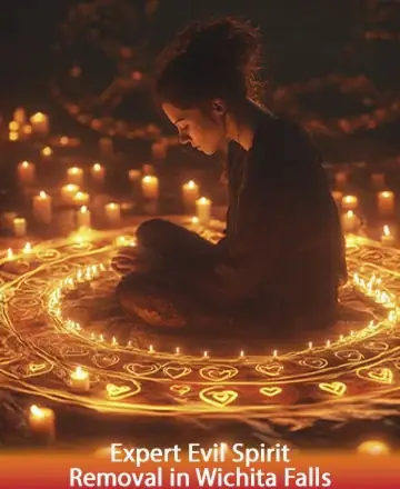 In a serene circle of glowing candles, a figure sits in tranquil meditation, surrounded by symbols of protection and peace. This gentle sanctuary invites a sense of calm and reassurance, guiding the spirit toward harmony and balance. Expert evil spirit removal in Wichita Falls.