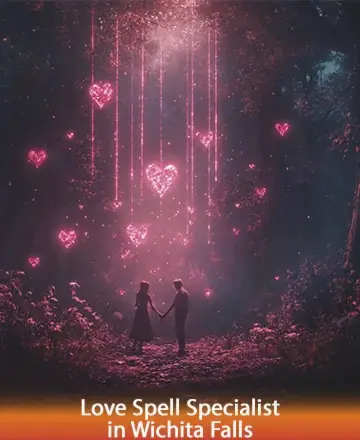 In a serene forest bathed in the gentle glow of heart-shaped lights, two souls stand hand in hand, embraced by love and tranquility. This magical scene whispers of deep connections and the beauty of shared moments. Love spell specialist in Wichita Falls.
