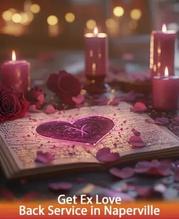 In a serene setting illuminated by the gentle glow of candles, a heart surrounded by rose petals rests on an open book, inviting peace and reflection. This tranquil scene embodies the soothing power of rekindled connections. Rekindle love in Naperville.