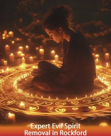 In the gentle glow of candlelight, a serene figure sits surrounded by sacred symbols, embodying peace and introspection. This tranquil setting invites the soul to find solace and clarity amidst the challenges of life. Expert evil spirit removal in Rockford.