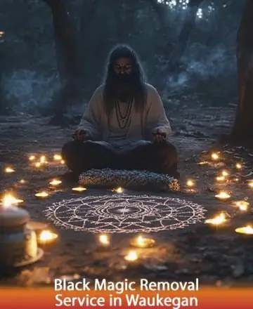 In the serene embrace of a moonlit forest, a gentle figure sits in tranquil meditation, surrounded by the warm glow of candlelight and sacred symbols. This peaceful setting invites you to release burdens and embrace healing. Black magic removal service in Waukegan.