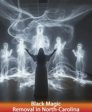 In a serene dance of ethereal light, a gentle figure stands embraced by luminous beings, exuding warmth and tranquility. This peaceful gathering embodies a haven of healing and wisdom, inviting you to find solace and renewal. Black magic removal in North Carolina.