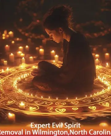 In a serene circle of glowing candles, a person meditates deeply, surrounded by symbols of protection and warmth. The gentle light radiates peace, inviting a sense of calm and reassurance. This sacred space offers a haven of tranquility. Expert evil spirit removal in Wilmington, North Carolina.