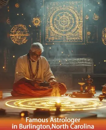 In the serene glow of golden light, a wise elder sits peacefully, surrounded by sacred symbols that speak to the soul. His presence exudes warmth and comfort, inviting you to explore the depths of your spirit with gentle guidance. Vedic astrology in Burlington, North Carolina.