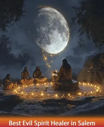 Beneath the luminous glow of a celestial moon, a serene circle gathers, enveloped in the tender warmth of flickering candles. The gentle presence of wisdom and peace fills the night, offering solace to open hearts. Evil spirit healer in Salem.