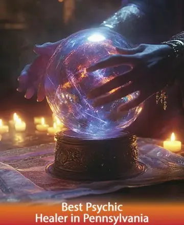 In the gentle glow of candlelight, a serene atmosphere envelops as hands gracefully hold a luminous crystal ball, radiating warmth and wisdom. This peaceful moment invites you to embrace the soothing energy within. Psychic guidance in Pennsylvania.
