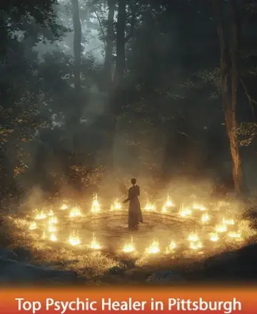 In the heart of a serene forest, a gentle figure stands surrounded by a circle of glowing lights, exuding warmth and tranquility. The misty air whispers secrets of peace and inner harmony, inviting you to embrace calm and clarity. Top psychic healer in Pittsburgh.