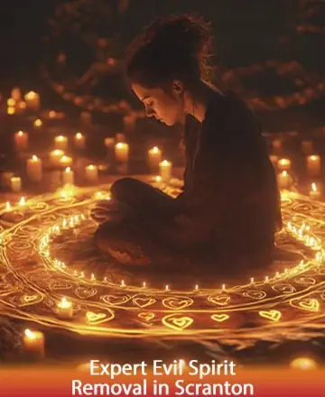 In a serene glow of warmth, a figure sits enveloped by the gentle flicker of countless candles. The atmosphere is calm and reassuring, inviting peace and tranquility within. This sacred space nurtures the soul, offering solace and wisdom. Expert evil spirit removal in Scranton.