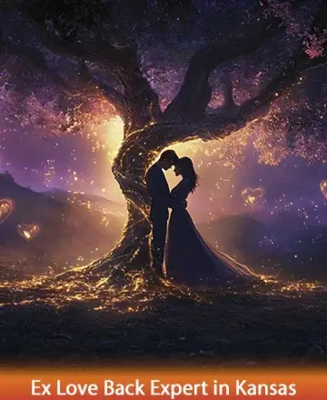 Beneath the gently entwined branches of a mystical tree, two souls embrace in a tender moment, surrounded by a soft glow and floating hearts. This serene landscape whispers of rekindled connections and heartfelt journeys. Ex love back expert in Kansas.