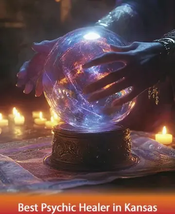 In the gentle glow of candlelight, hands softly embrace a radiant crystal ball, emanating warmth and serenity. The scene whispers of ancient wisdom and quiet reflection, inviting a journey of inner peace and clarity. Psychic guidance in Kansas.