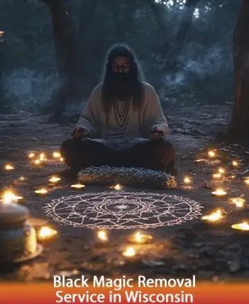 In the serene embrace of a forest, a wise figure sits in tranquil meditation, surrounded by a gentle glow of candlelight and intricate symbols. The atmosphere whispers of ancient wisdom and inner peace, inviting calm into your heart. Black magic removal service in Wisconsin.