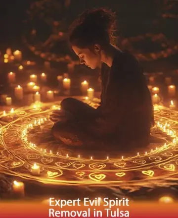 In the gentle glow of countless candles, a quiet serenity envelops the soul. A devoted seeker sits peacefully, surrounded by warm, protective light. This sacred space nurtures the spirit, guiding it toward harmony and calm. Expert evil spirit removal in Tulsa.