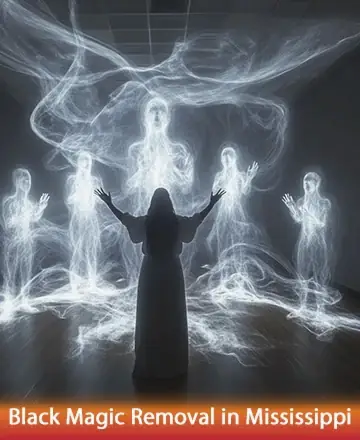 In a serene space filled with gentle, ethereal light, a figure opens their arms in a gesture of welcome and peace. Surrounded by calming, luminous forms, the scene speaks of unity, healing, and the timeless dance of energies. Black magic removal in Mississippi.