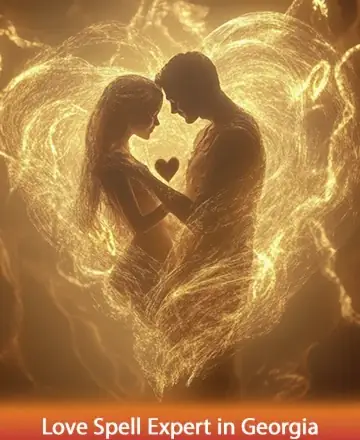 In a warm embrace, two souls connect amidst a golden aura, their hearts glowing with a profound sense of unity and peace. This serene moment envelops you in a gentle reminder of love's transformative power. Love spell expert in Georgia.