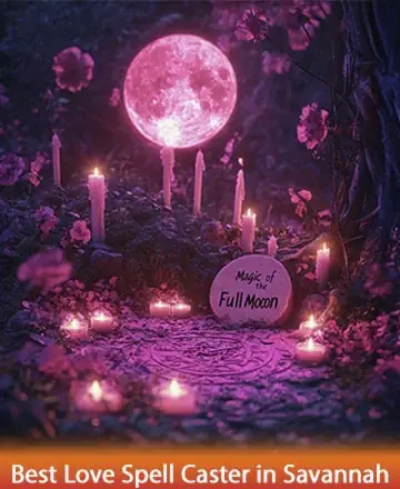 In a serene, moonlit garden, gentle candles flicker amidst blossoming flowers, creating a sacred space for reflection and harmony. The full moon bathes the scene in a soft glow, inviting tranquility and deep connection. Embrace the warmth of this enchanting moment. Love spell in Savannah.