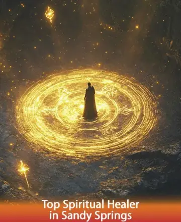 In a serene and mystical setting, a figure stands enveloped in a radiant circle of golden light, symbolizing tranquility and spiritual renewal. The gentle glow offers a promise of peace and profound transformation. Top spiritual healer in Sandy Springs.
