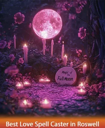 In the gentle glow of a mystical full moon, surrounded by a circle of soft candlelight, nature whispers its secrets. Flowers bloom quietly, embracing the serenity of the moment. This sacred space invites you to connect with your heart's true desires. Love spell in Roswell.