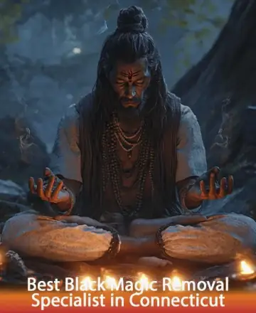 A serene figure with long hair sits cross-legged with closed eyes, surrounded by glowing candles in a dim, mystical forest. They wear layered beads and have markings on their forehead.